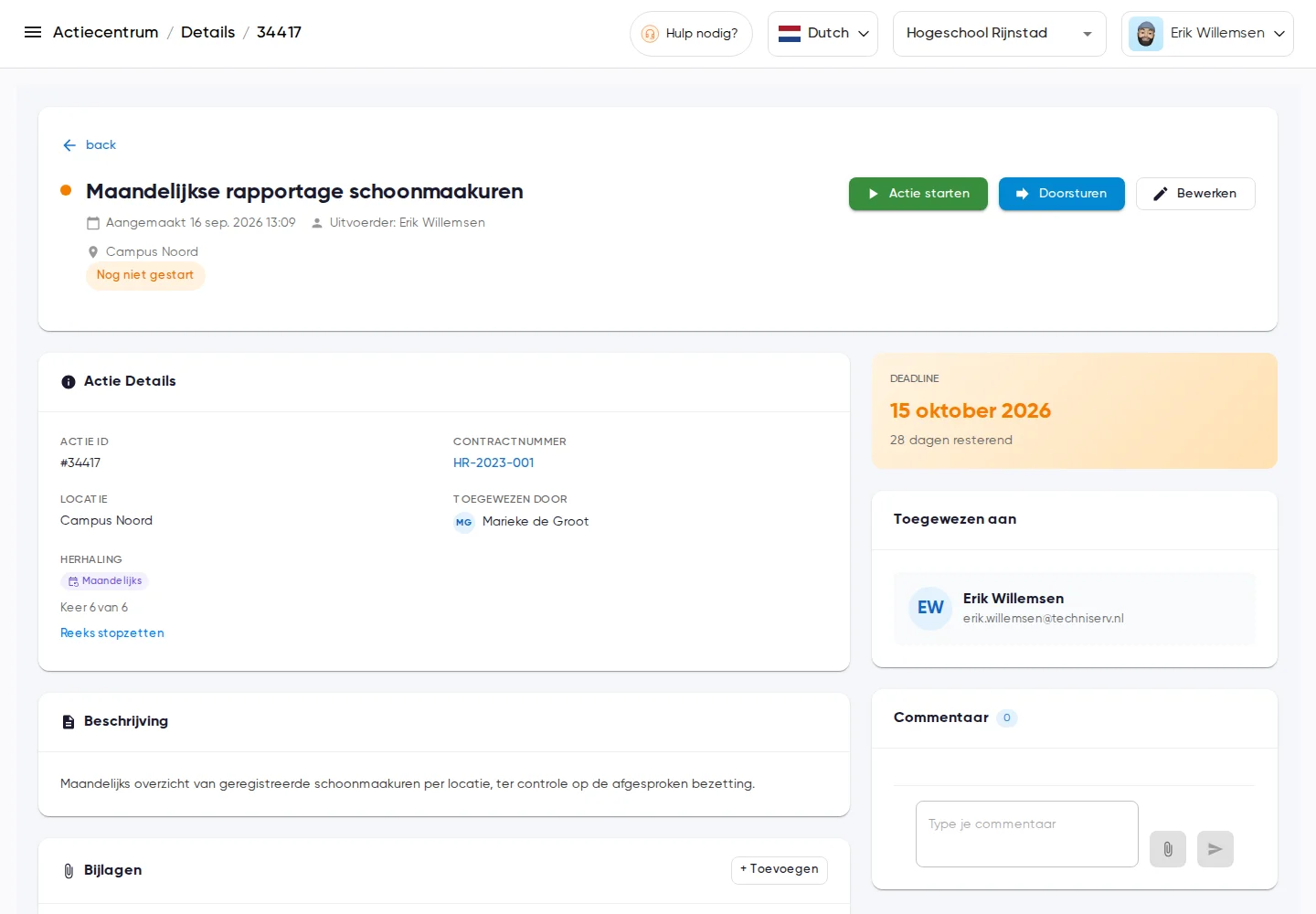 Leveranciersportaal: weergave van een actie via het account van de leverancier