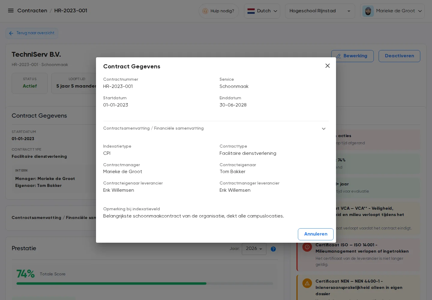 Contractgegevens met contractmanager, contracteigenaar en leverancier